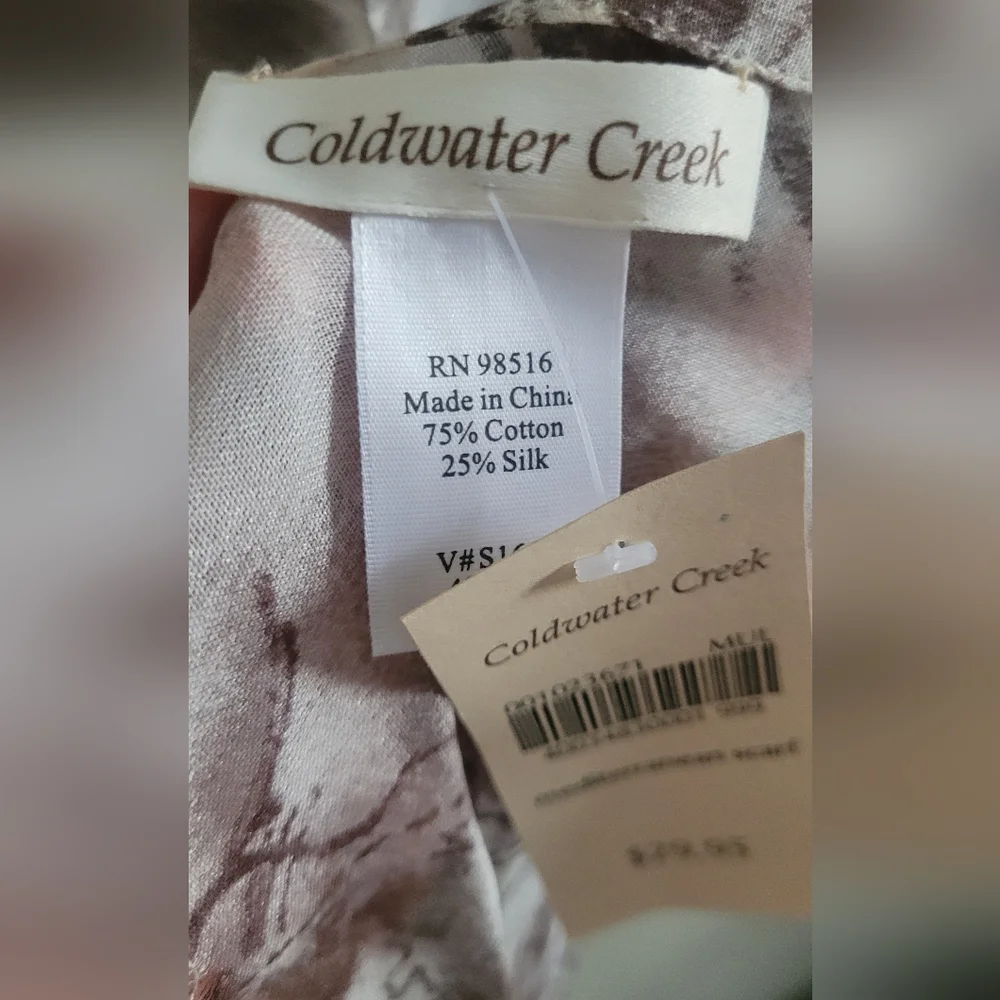 Coldwater Creek Neutral Silk Bld Mediterranean Short Fringed Scarf, Cream & Sand